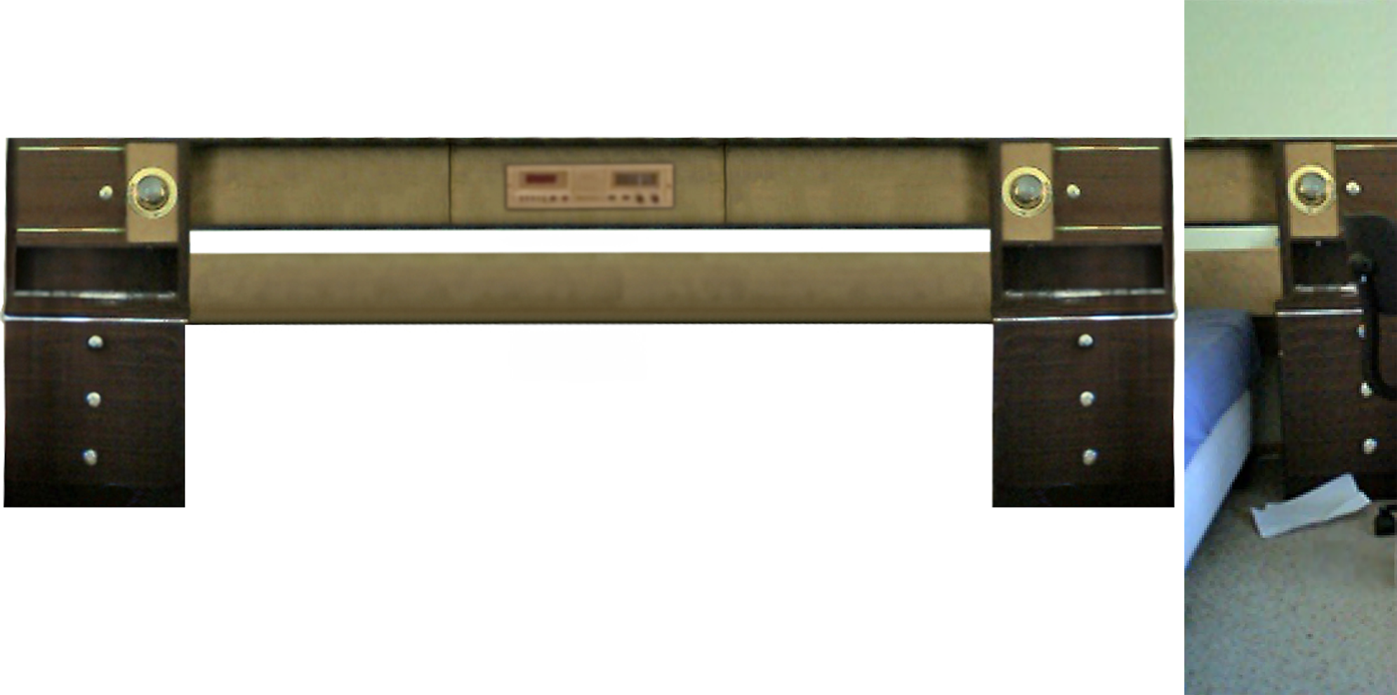 Image of brown bedhead with built in radio and lights.