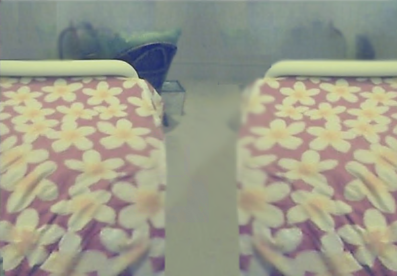 Room with two beds covered in pink frangipani bedspreads.